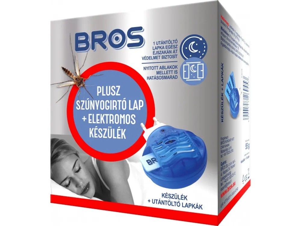 Bros szúnyogriasztó készülék szett: Elektromos párologtató betétlapokkal a hálószobai szúnyogvédelemhez. Bros szúnyogriasztó készülék szett: Elektromos párologtató betétlapokkal a hálószobai szúnyogvédelemhez.