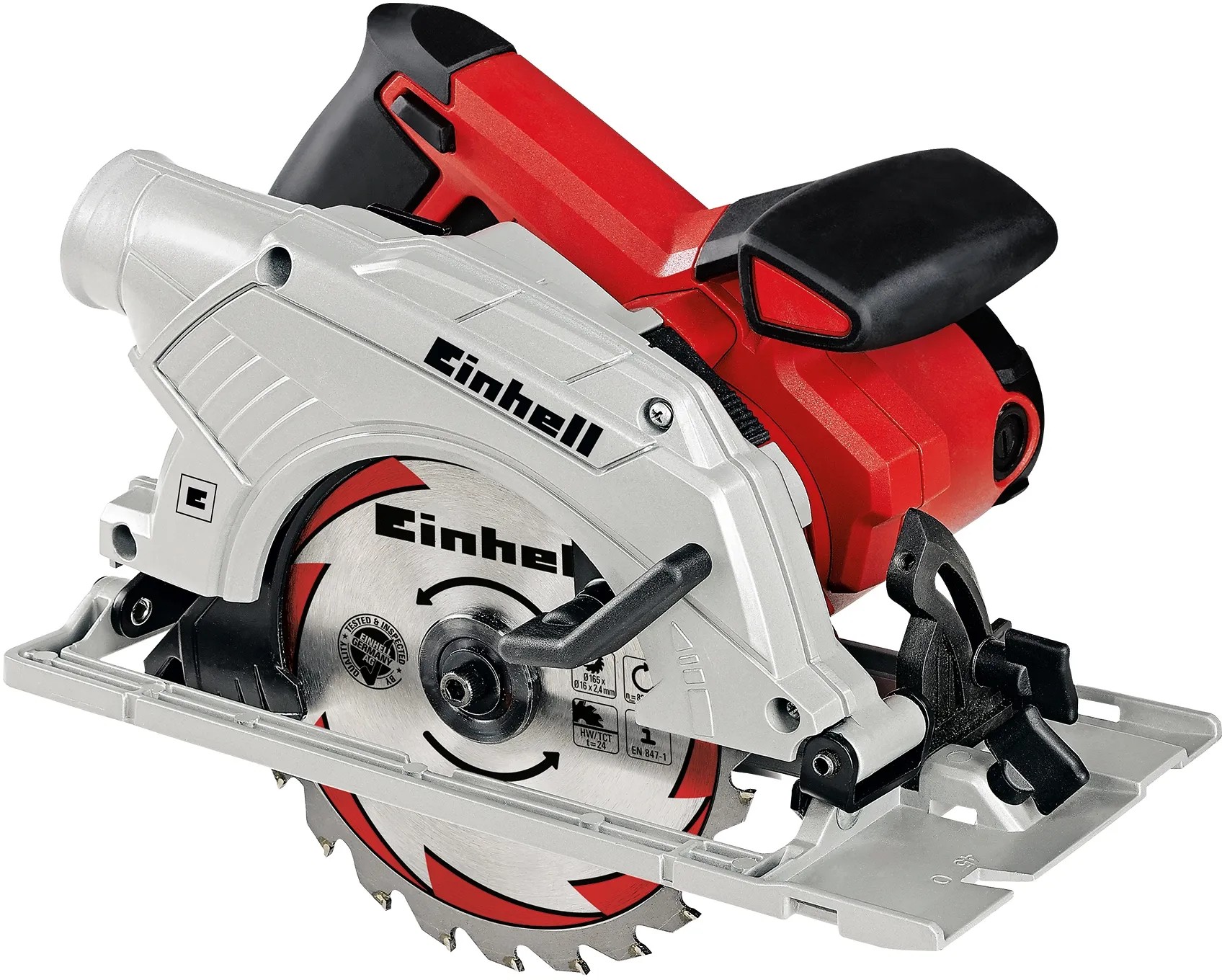 Einhell TE-CS 165 kézi körfűrész: Piros elektromos fűrész fém fűrészlappal a pontos vágásokhoz. Einhell TE-CS 165 kézi körfűrész: Piros elektromos fűrész fém fűrészlappal a pontos vágásokhoz.