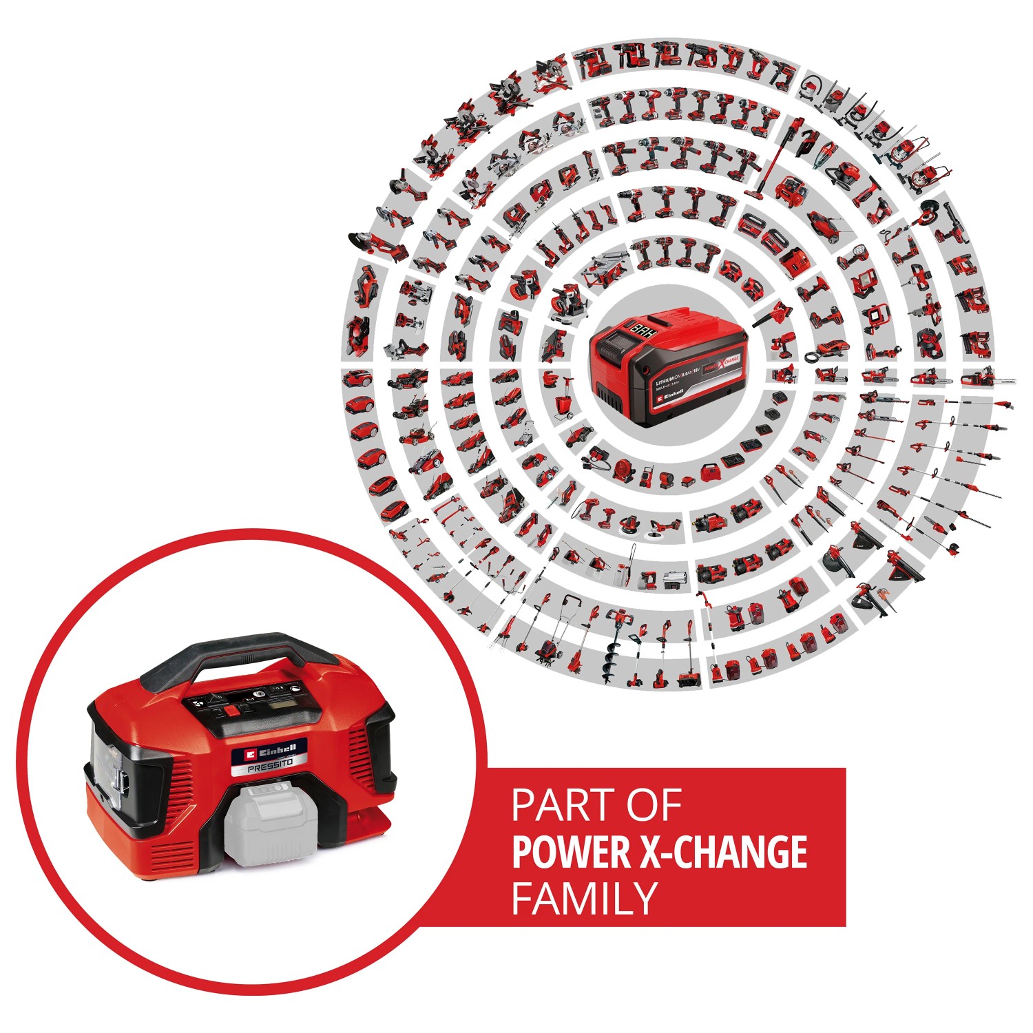 Einhell Power X-Change Akkus légpumpa Pressito 18/21 Solo: A Power X-Change család tagja, akkumulátor és töltő nélkül. Einhell Power X-Change Akkus légpumpa Pressito 18/21 Solo: A Power X-Change család tagja, akkumulátor és töltő nélkül.
