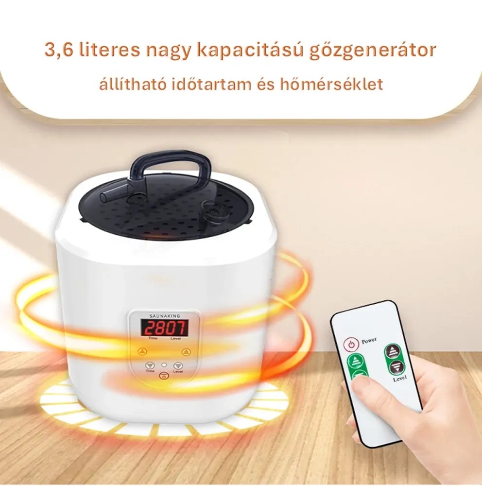 Szaunaház gőzfejlesztő távirányítóval a hőmérséklet és az idő beállításához. Szaunaház gőzfejlesztő távirányítóval a hőmérséklet és az idő beállításához.