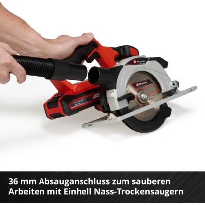 Einhell Power X-Change TE-CS 18/150 Li Solo akkus kézi körfűrész porszívó csatlakozóval használat közben. Einhell Power X-Change TE-CS 18/150 Li Solo akkus kézi körfűrész porszívó csatlakozóval használat közben.