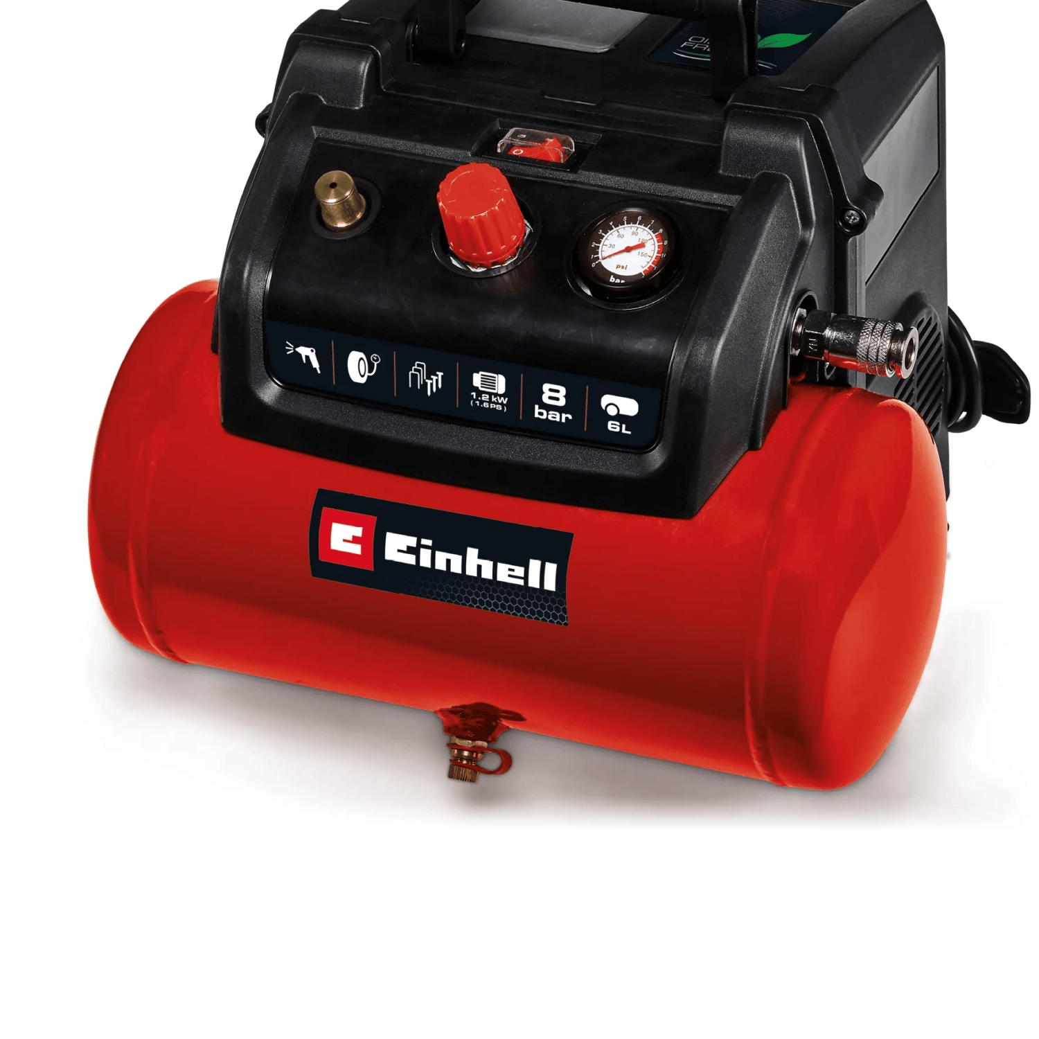 Einhell TC-AC 190/6/8 Olajmentes Kompresszor: Piros légkompresszor manométerrel és 6 literes tartállyal. Einhell TC-AC 190/6/8 Olajmentes Kompresszor: Piros légkompresszor manométerrel és 6 literes tartállyal.