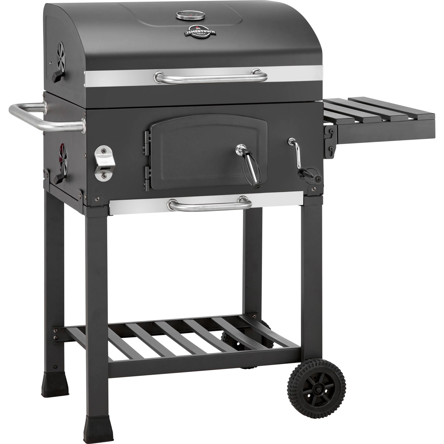 Fekete Jamestown Jaxon faszenes grill polccal és hőmérővel. Fekete Jamestown Jaxon faszenes grill polccal és hőmérővel.