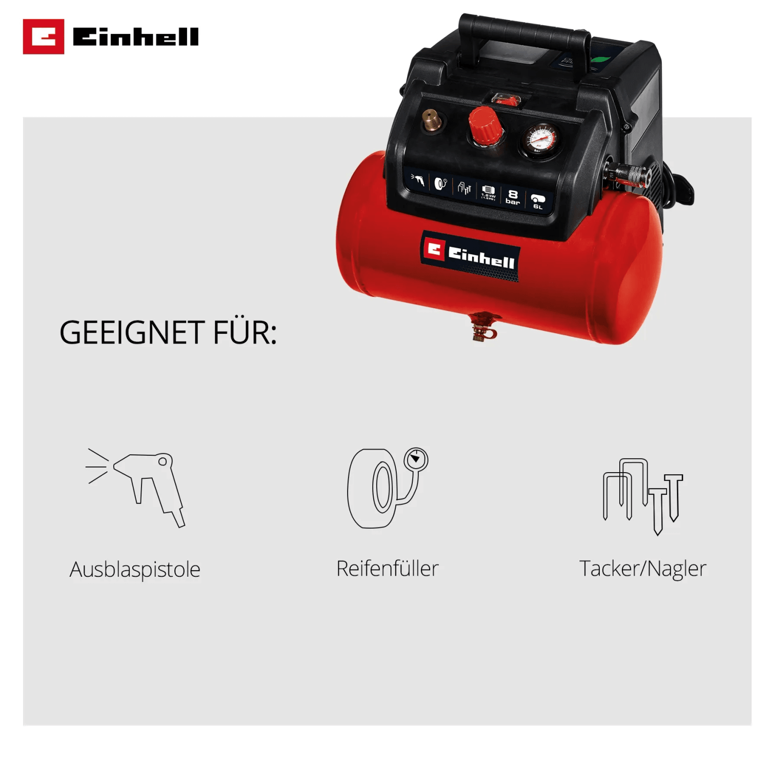 Piros Einhell TC-AC 190/6/8 olajmentes kompresszor fogantyúval, fújáshoz, gumifújáshoz, tűzéshez. Piros Einhell TC-AC 190/6/8 olajmentes kompresszor fogantyúval, fújáshoz, gumifújáshoz, tűzéshez.