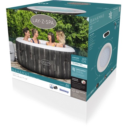 A Bestway Lay-Z-Spa Bahamas AirJet pezsgőfürdő csomagolása fa hatású kivitelben, 4 személyes. A Bestway Lay-Z-Spa Bahamas AirJet pezsgőfürdő csomagolása fa hatású kivitelben, 4 személyes.