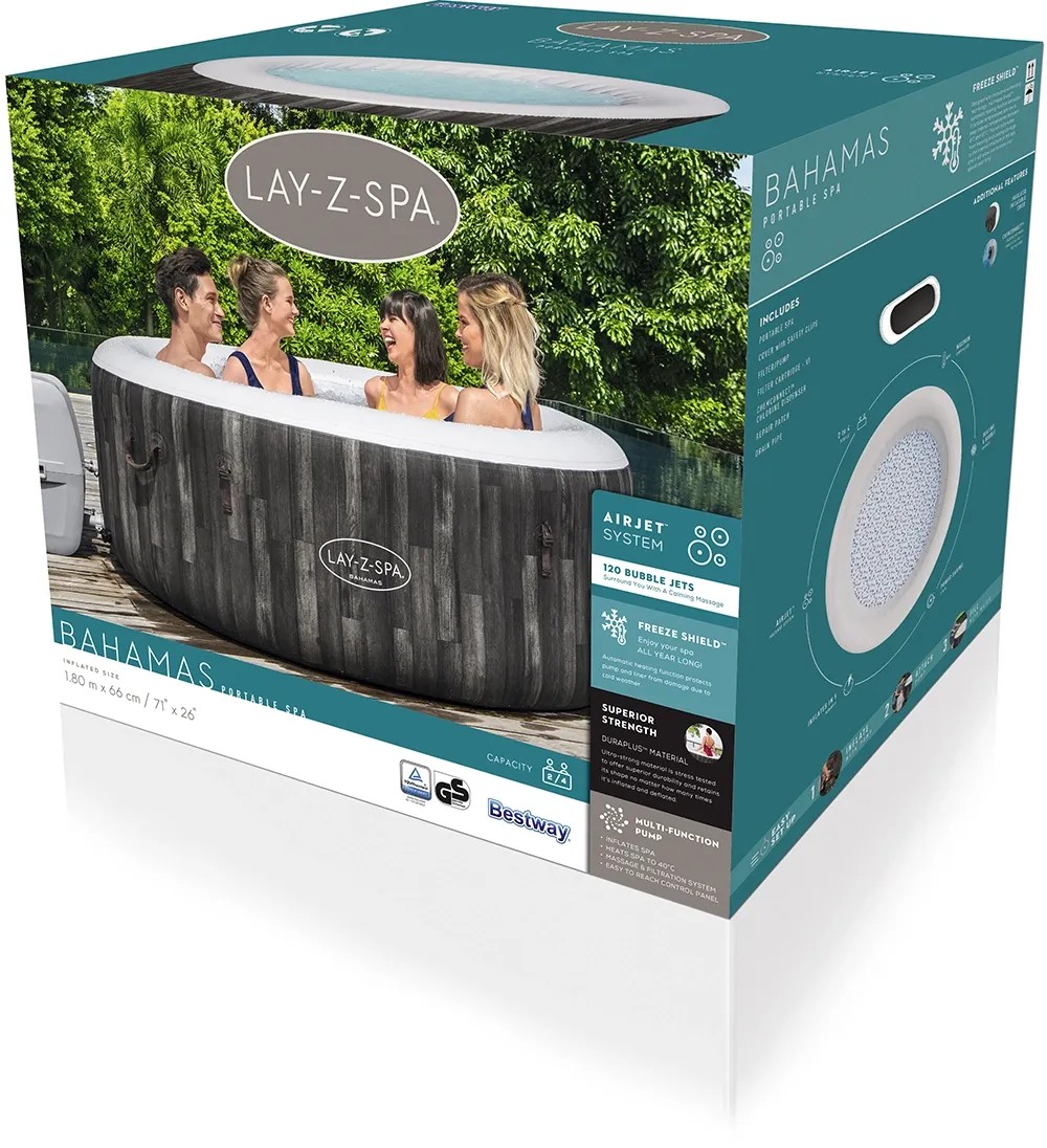 A Bestway Lay-Z-Spa Bahamas AirJet pezsgőfürdő csomagolása fa hatású kivitelben, 4 személyes. A Bestway Lay-Z-Spa Bahamas AirJet pezsgőfürdő csomagolása fa hatású kivitelben, 4 személyes.
