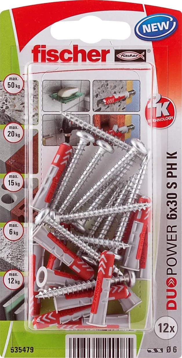 Fischer Duopower 6x30 S PH K NV dübel, 12 darabos csomag, piros/szürke, a biztonságos rögzítéshez. Fischer Duopower 6x30 S PH K NV dübel, 12 darabos csomag, piros/szürke, a biztonságos rögzítéshez.