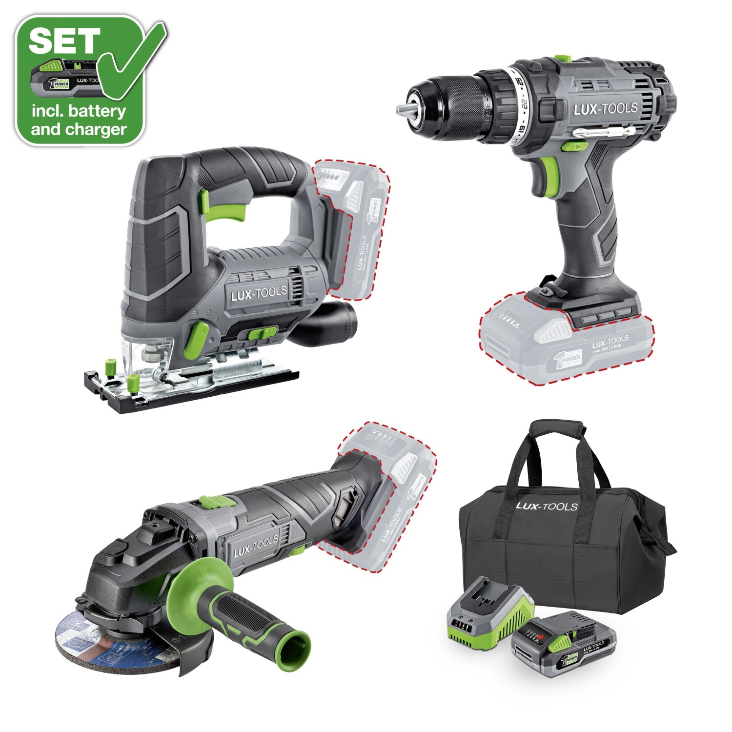 LUX akkus gép 3 az 1 - ben csavarozó dekopírfűrész sarokcsiszoló 1 PowerSystem LUX akkus gép 3 az 1 - ben csavarozó dekopírfűrész sarokcsiszoló 1 PowerSystem