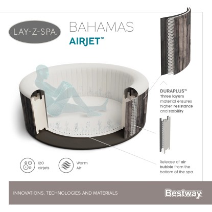 Bestway Lay-Z-Spa Bahamas AirJet, felfújható pezsgőfürdő fa hatású és AirJet fúvókákkal. Bestway Lay-Z-Spa Bahamas AirJet, felfújható pezsgőfürdő fa hatású és AirJet fúvókákkal.