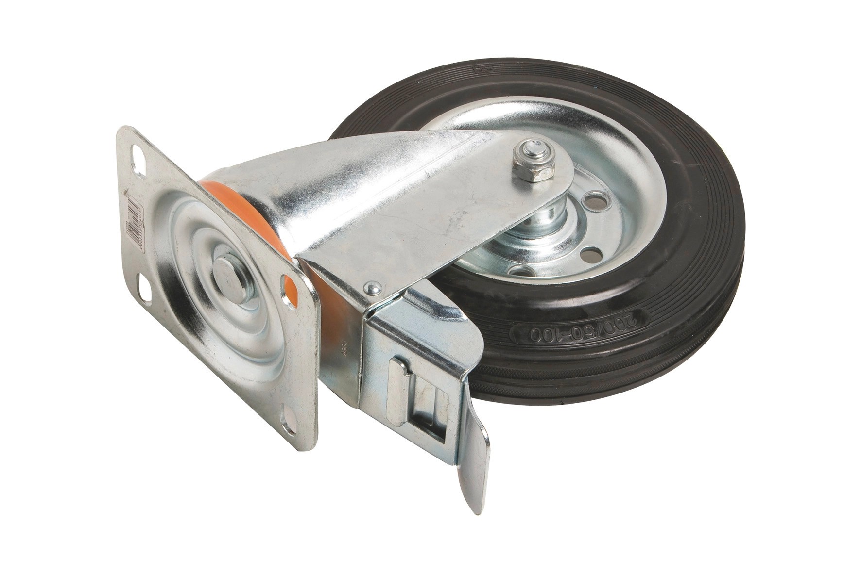 Önbeálló szállítógörgő rugalmas kerékkel és leállítóval, átmérő: 200 mm, 210 kg Önbeálló szállítógörgő rugalmas kerékkel és leállítóval, átmérő: 200 mm, 210 kg