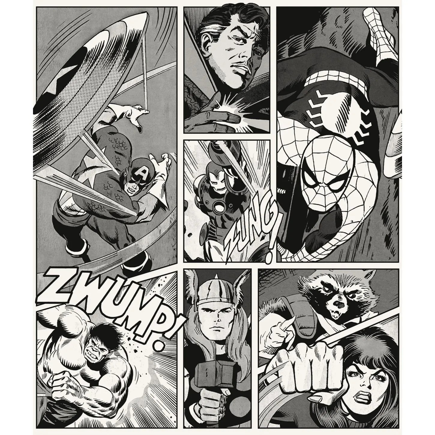Komar vinil fotótapéta Marvel Classic Comic 212 cm x 250 cm fekete-fehér Komar vinil fotótapéta Marvel Classic Comic 212 cm x 250 cm fekete-fehér