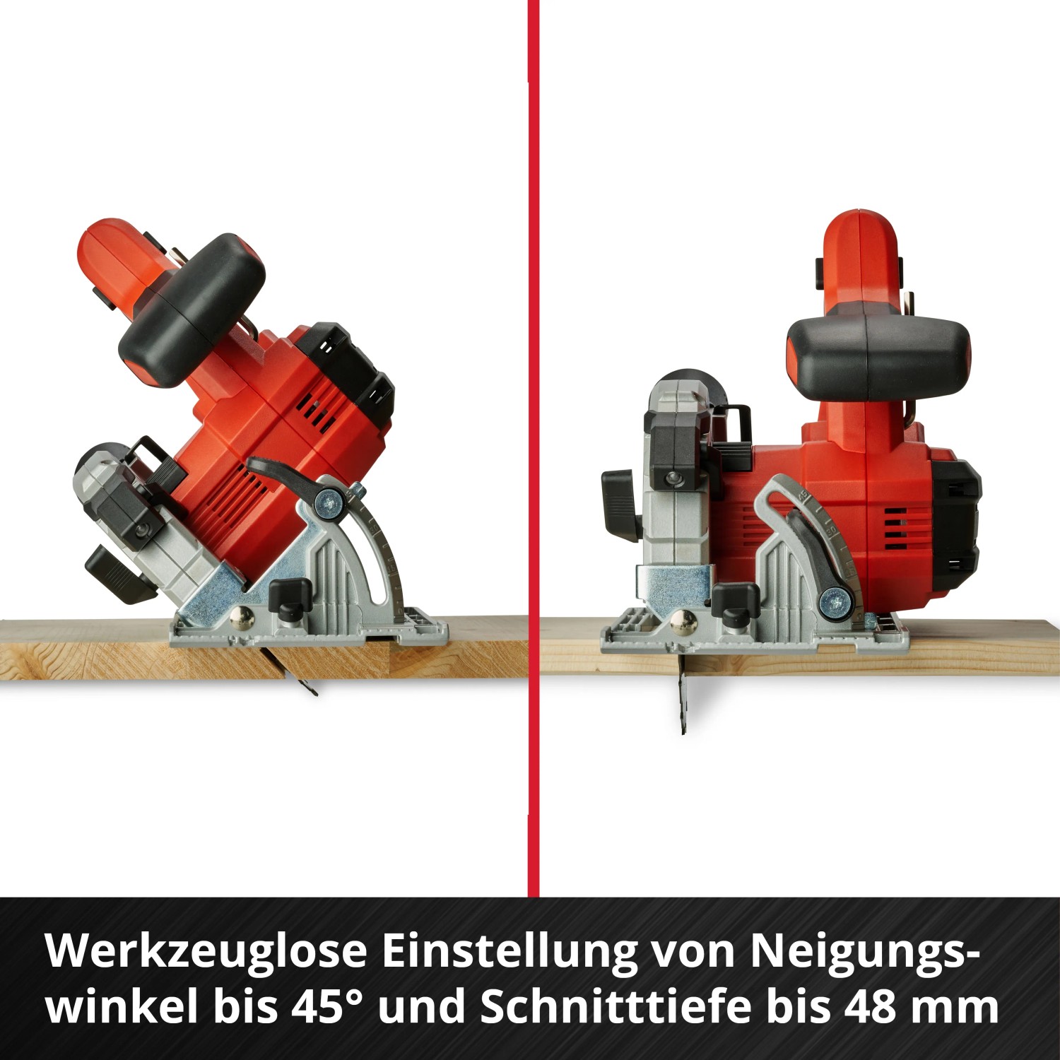 Einhell Power X-Change TE-CS 18/150 Li Solo akkus kézi körfűrész fa vágása két különböző szögben. Einhell Power X-Change TE-CS 18/150 Li Solo akkus kézi körfűrész fa vágása két különböző szögben.