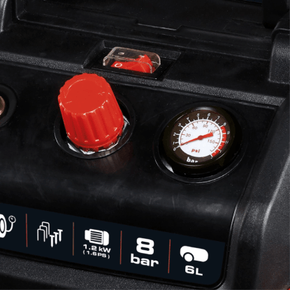 Közelkép: Einhell TC-AC 190/6/8 olajmentes kompresszor manométerrel és kezelőszervekkel. Közelkép: Einhell TC-AC 190/6/8 olajmentes kompresszor manométerrel és kezelőszervekkel.