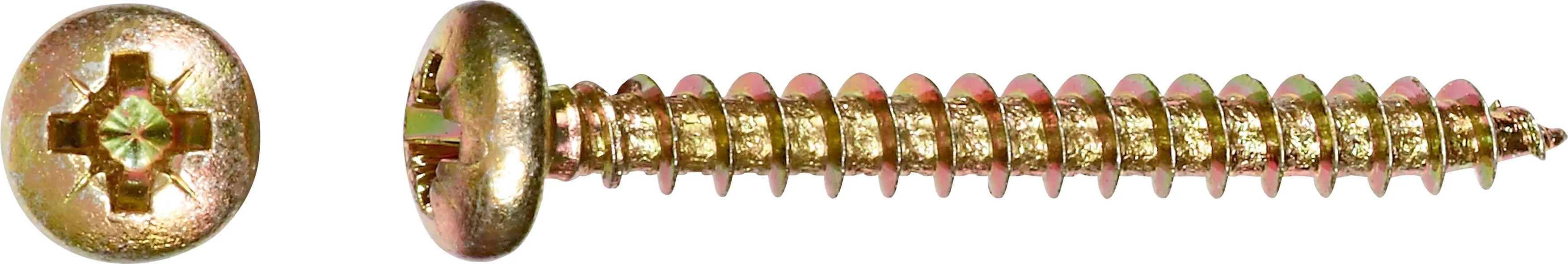 Sárga horganyzott forgácslap csavar félgömbfejjel, PZ meghajtás, 5x16 mm, 15 darab. Sárga horganyzott forgácslap csavar félgömbfejjel, PZ meghajtás, 5x16 mm, 15 darab.