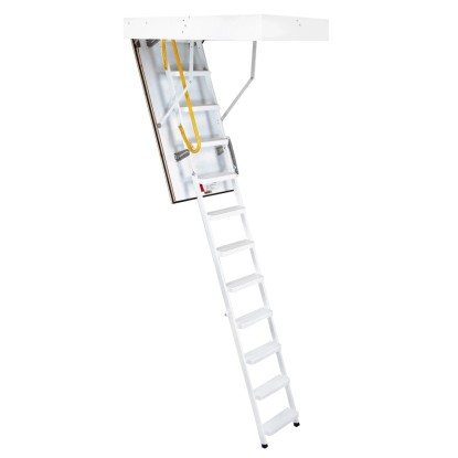 Kinyitott Minka Steel padláslépcső (130x60 cm) sárga korláttal és fehér fém szerkezettel. Kinyitott Minka Steel padláslépcső (130x60 cm) sárga korláttal és fehér fém szerkezettel.
