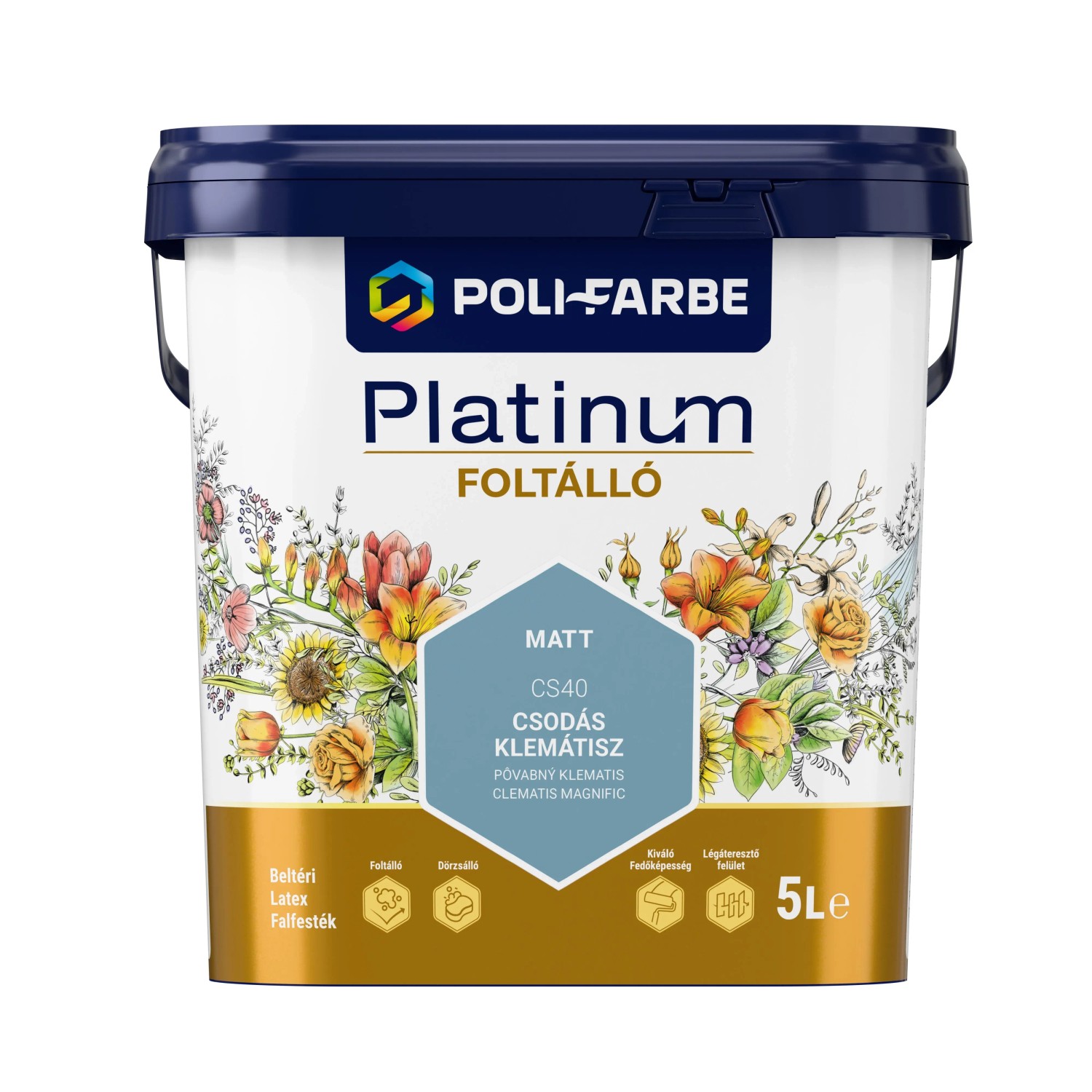 Poli-Farbe Platinum Foltálló beltéri falfesték Csodás klemátisz CS40 5l Poli-Farbe Platinum Foltálló beltéri falfesték Csodás klemátisz CS40 5l