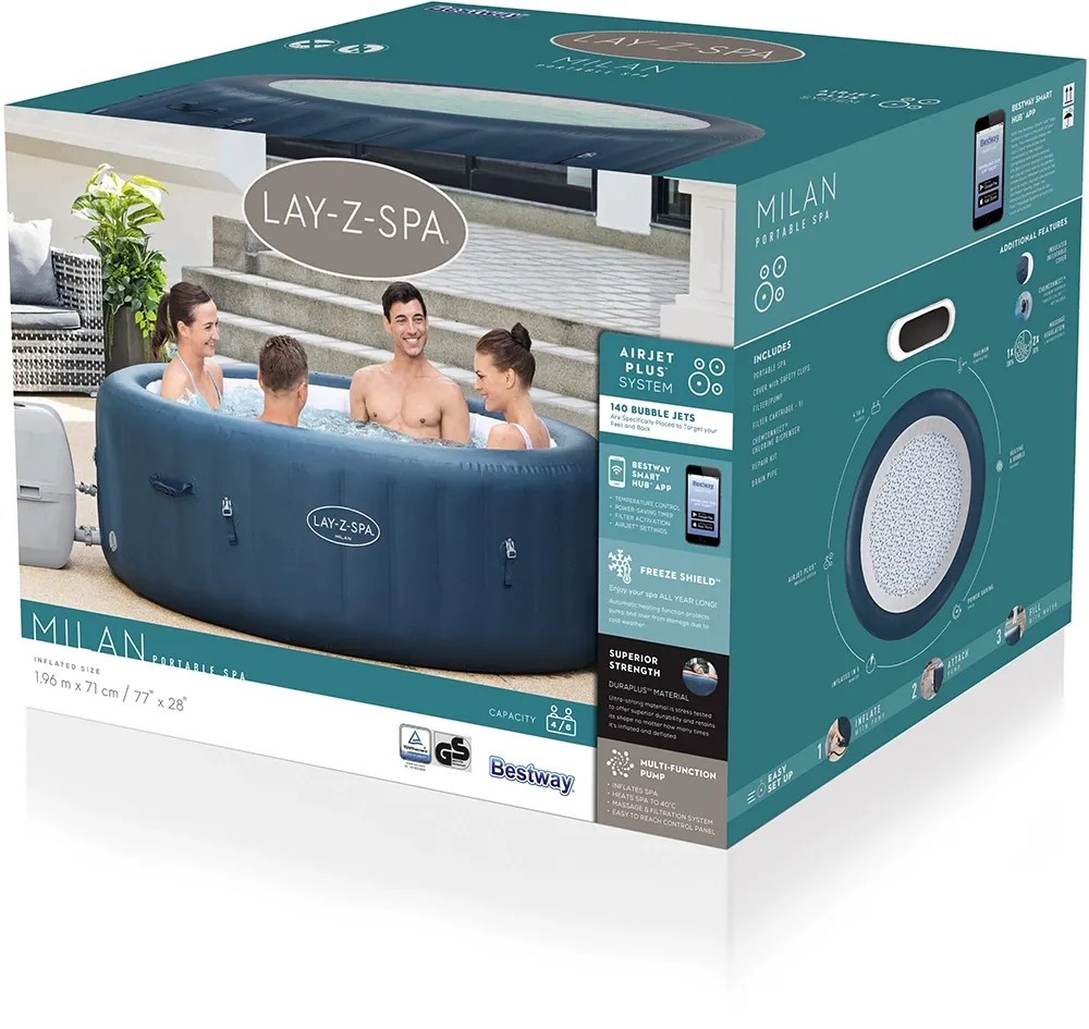 Bestway Lay-Z-Spa Milan AirJet Plus, felfújható pezsgőfürdő 6 személy részére, dobozban Bestway Lay-Z-Spa Milan AirJet Plus, felfújható pezsgőfürdő 6 személy részére, dobozban