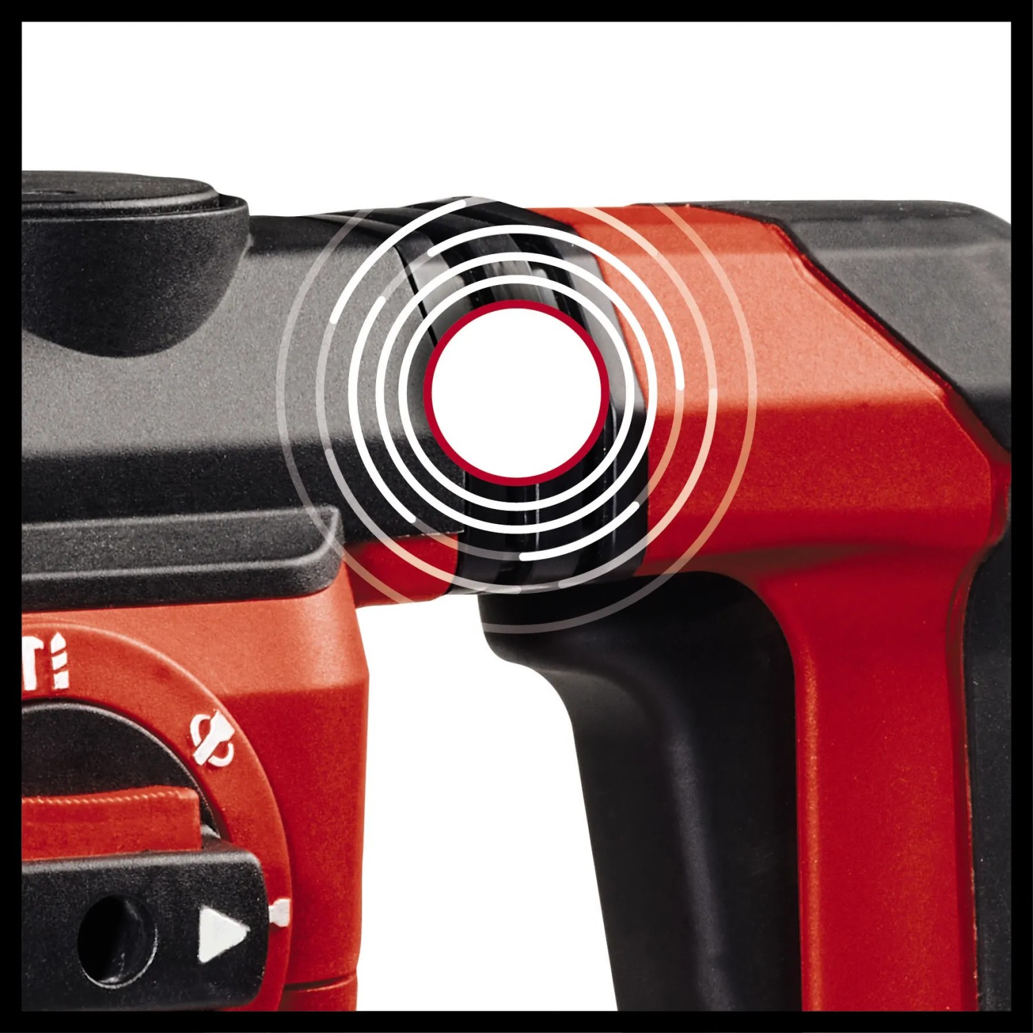 Közelkép az Einhell TE-RH 32-1600 4F fúrókalapácsról, rezgéscsillapítással. Közelkép az Einhell TE-RH 32-1600 4F fúrókalapácsról, rezgéscsillapítással.