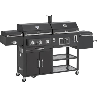 Fekete kombinált grill gáz- és faszén funkcióval, polcokkal és alsó szekrénnyel. Fekete kombinált grill gáz- és faszén funkcióval, polcokkal és alsó szekrénnyel.