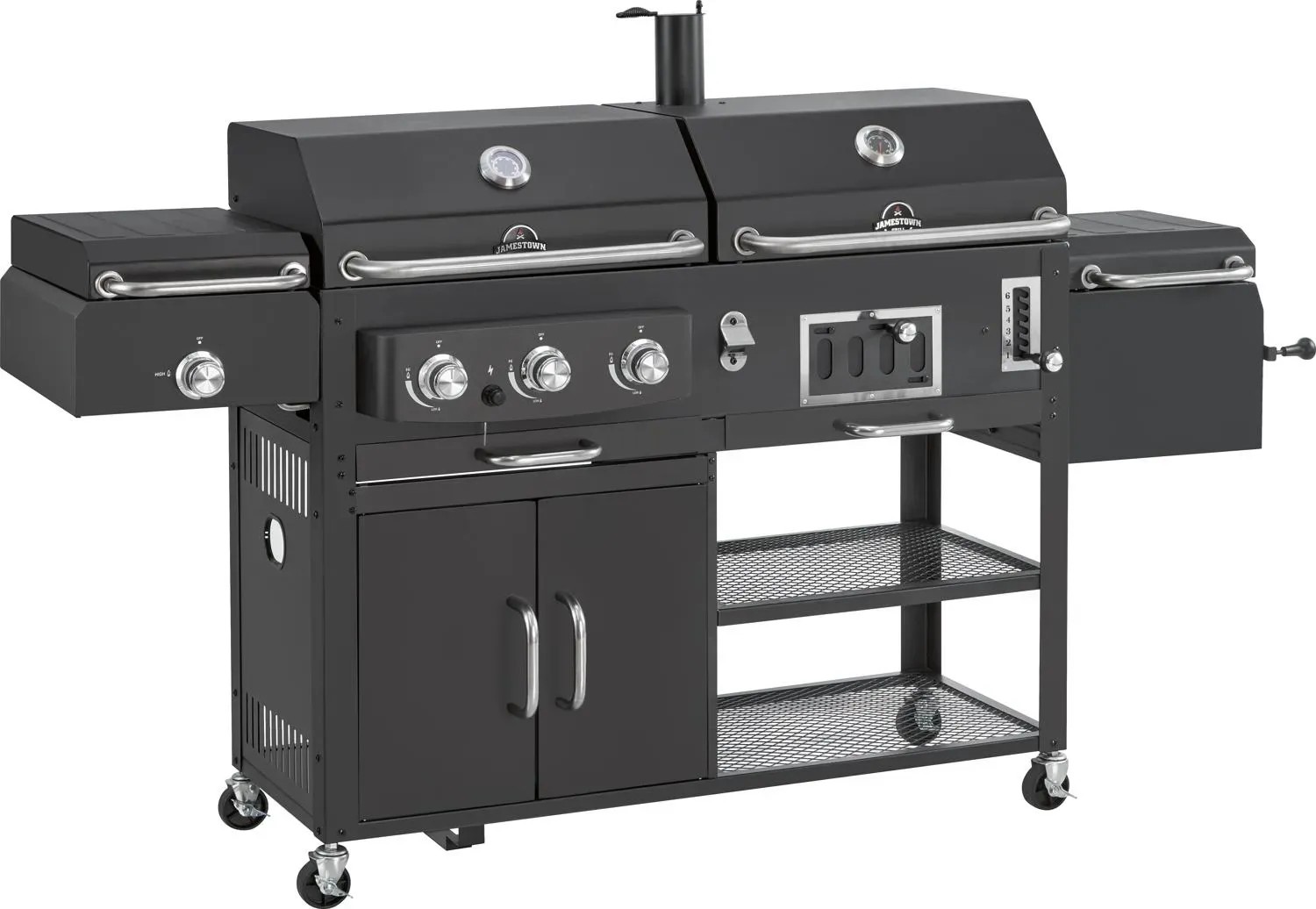 Fekete kombinált grill gáz- és faszén funkcióval, polcokkal és alsó szekrénnyel. Fekete kombinált grill gáz- és faszén funkcióval, polcokkal és alsó szekrénnyel.