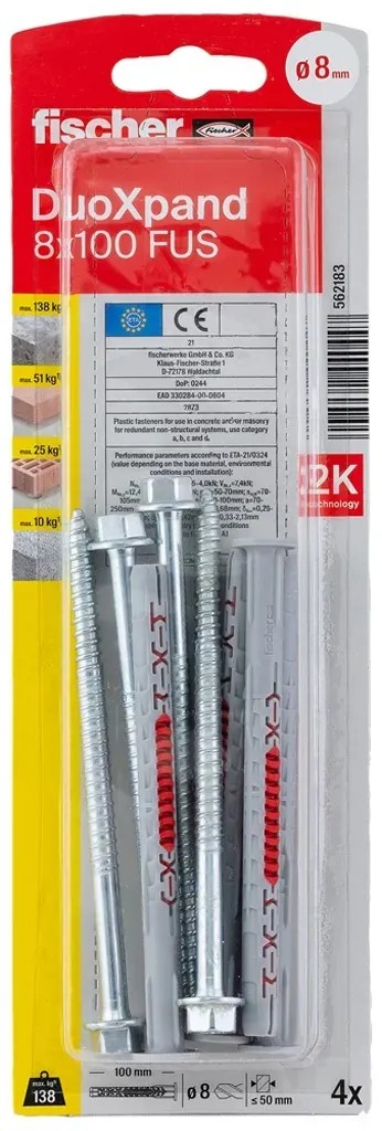 Fischer DuoXpand 8x100 FUS tiplik, 4 darab, a biztonságos rögzítéshez. Fischer DuoXpand 8x100 FUS tiplik, 4 darab, a biztonságos rögzítéshez.