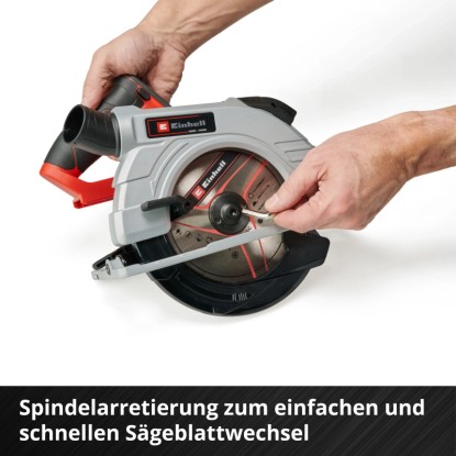 Einhell Power X-Change akkus kézi körfűrész: Tengelyzár a könnyű fűrészlapcseréhez. Einhell Power X-Change akkus kézi körfűrész: Tengelyzár a könnyű fűrészlapcseréhez.