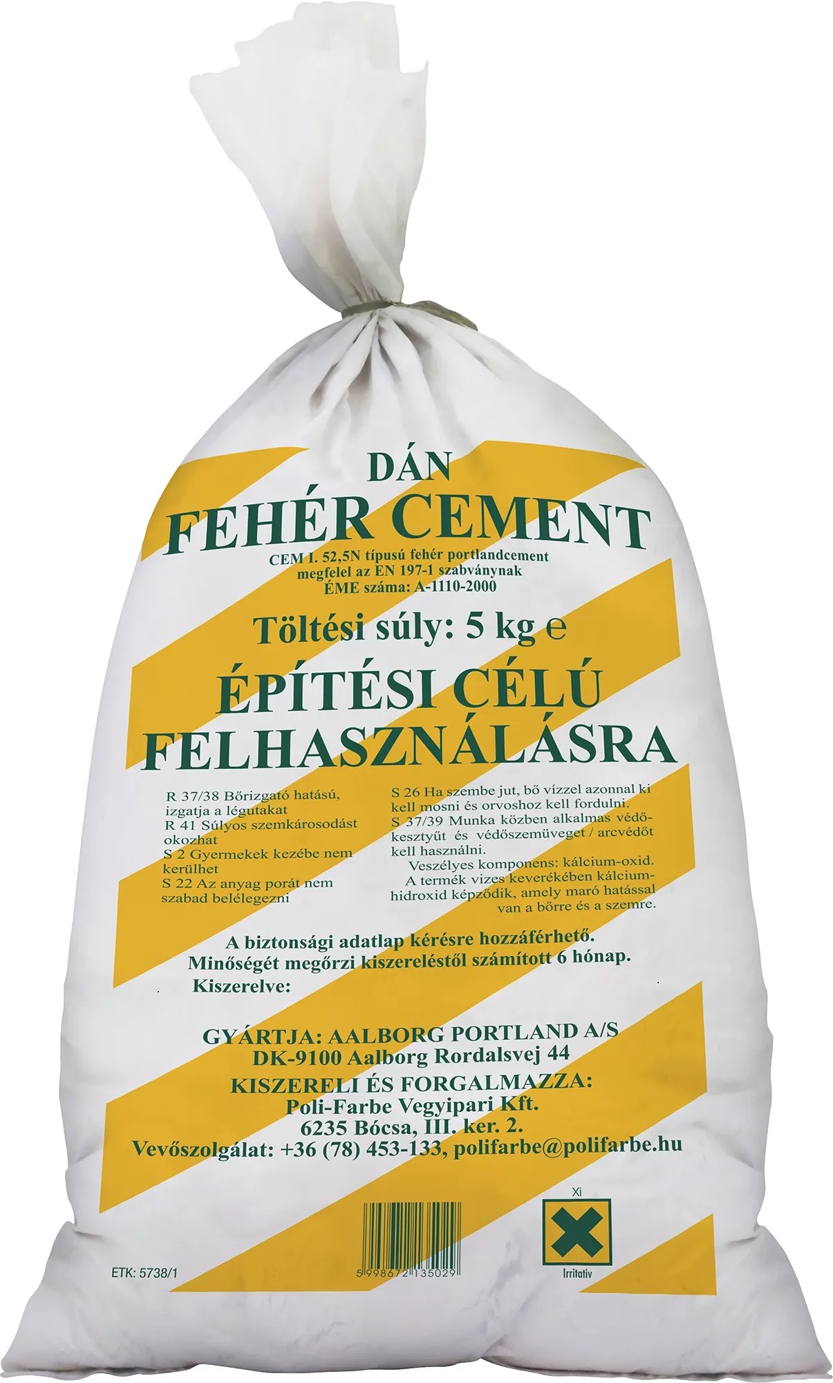 Fehér cement 5 kg-os zsák, finomra őrölve betonhoz, habarcshoz és vakolathoz. Fehér cement 5 kg-os zsák, finomra őrölve betonhoz, habarcshoz és vakolathoz.