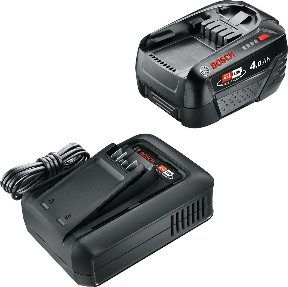 Bosch Starter szett 18 V-os akkumulátorral (4,0 Ah) és töltővel elektromos szerszámokhoz. Bosch Starter szett 18 V-os akkumulátorral (4,0 Ah) és töltővel elektromos szerszámokhoz.