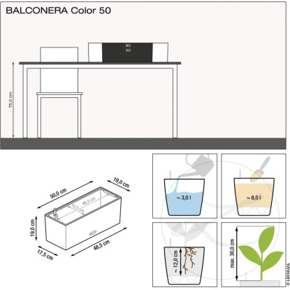 Lechuza Balconera Color 50 Muskat, vázlat méretekkel, valamint öntözési és ültetési útmutató. Lechuza Balconera Color 50 Muskat, vázlat méretekkel, valamint öntözési és ültetési útmutató.