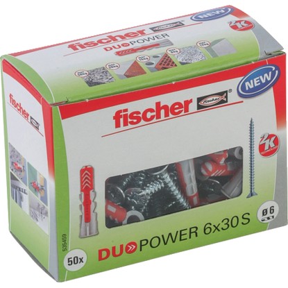Fischer DuoPower 6x30 dübel csavarokkal csomagolás. Univerzális dübel a biztonságos tartáshoz sok építőanyagban. Fischer DuoPower 6x30 dübel csavarokkal csomagolás. Univerzális dübel a biztonságos tartáshoz sok építőanyagban.