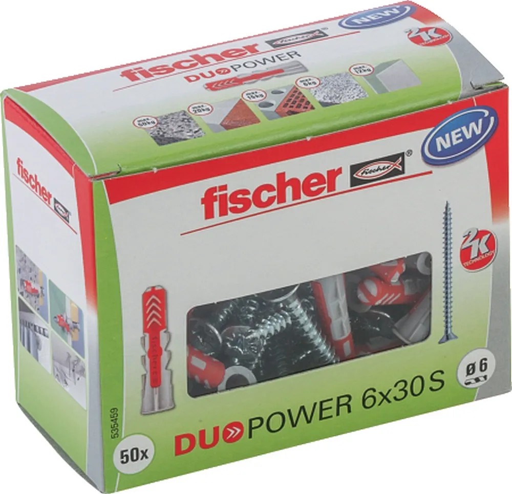 Fischer DuoPower 6x30 dübel csavarokkal csomagolás. Univerzális dübel a biztonságos tartáshoz sok építőanyagban. Fischer DuoPower 6x30 dübel csavarokkal csomagolás. Univerzális dübel a biztonságos tartáshoz sok építőanyagban.