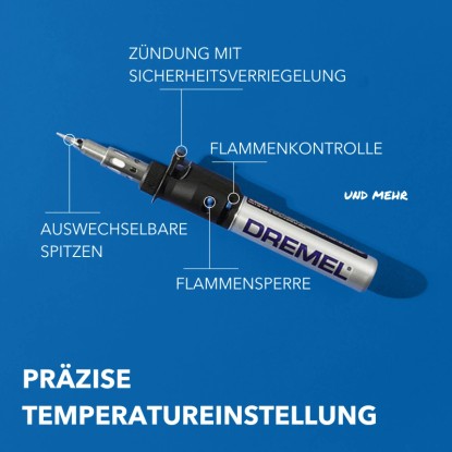 Dremel VersaTip 2000-7 forrasztópáka cserélhető hegyekkel, lángszabályozással és biztonsági zárral. Dremel VersaTip 2000-7 forrasztópáka cserélhető hegyekkel, lángszabályozással és biztonsági zárral.