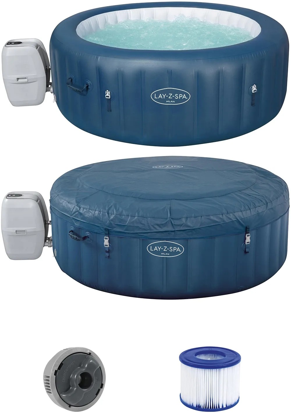 Bestway Lay-Z-Spa Milan AirJet Plus, felfújható pezsgőfürdő fedéllel és szűrőbetéttel. Bestway Lay-Z-Spa Milan AirJet Plus, felfújható pezsgőfürdő fedéllel és szűrőbetéttel.