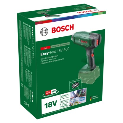 Bosch EasyHeat 18V-500 akkus hőlégfúvó dobozban, akkumulátor nélkül. Ideális zsugorításhoz és címkék eltávolításához. Bosch EasyHeat 18V-500 akkus hőlégfúvó dobozban, akkumulátor nélkül. Ideális zsugorításhoz és címkék eltávolításához.