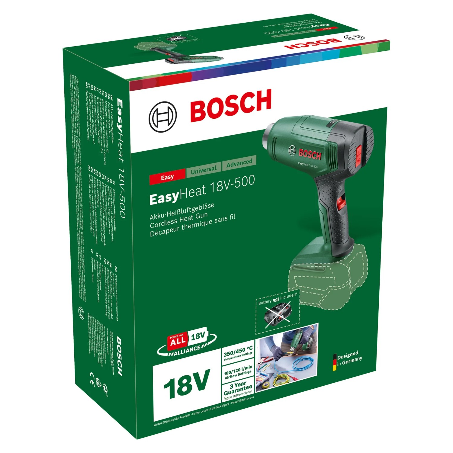 Bosch EasyHeat 18V-500 akkus hőlégfúvó dobozban, akkumulátor nélkül. Ideális zsugorításhoz és címkék eltávolításához. Bosch EasyHeat 18V-500 akkus hőlégfúvó dobozban, akkumulátor nélkül. Ideális zsugorításhoz és címkék eltávolításához.