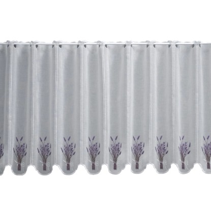 Vitrázsfüggöny V597 45 cm magas levendulamintás méteráru Vitrázsfüggöny V597 45 cm magas levendulamintás méteráru