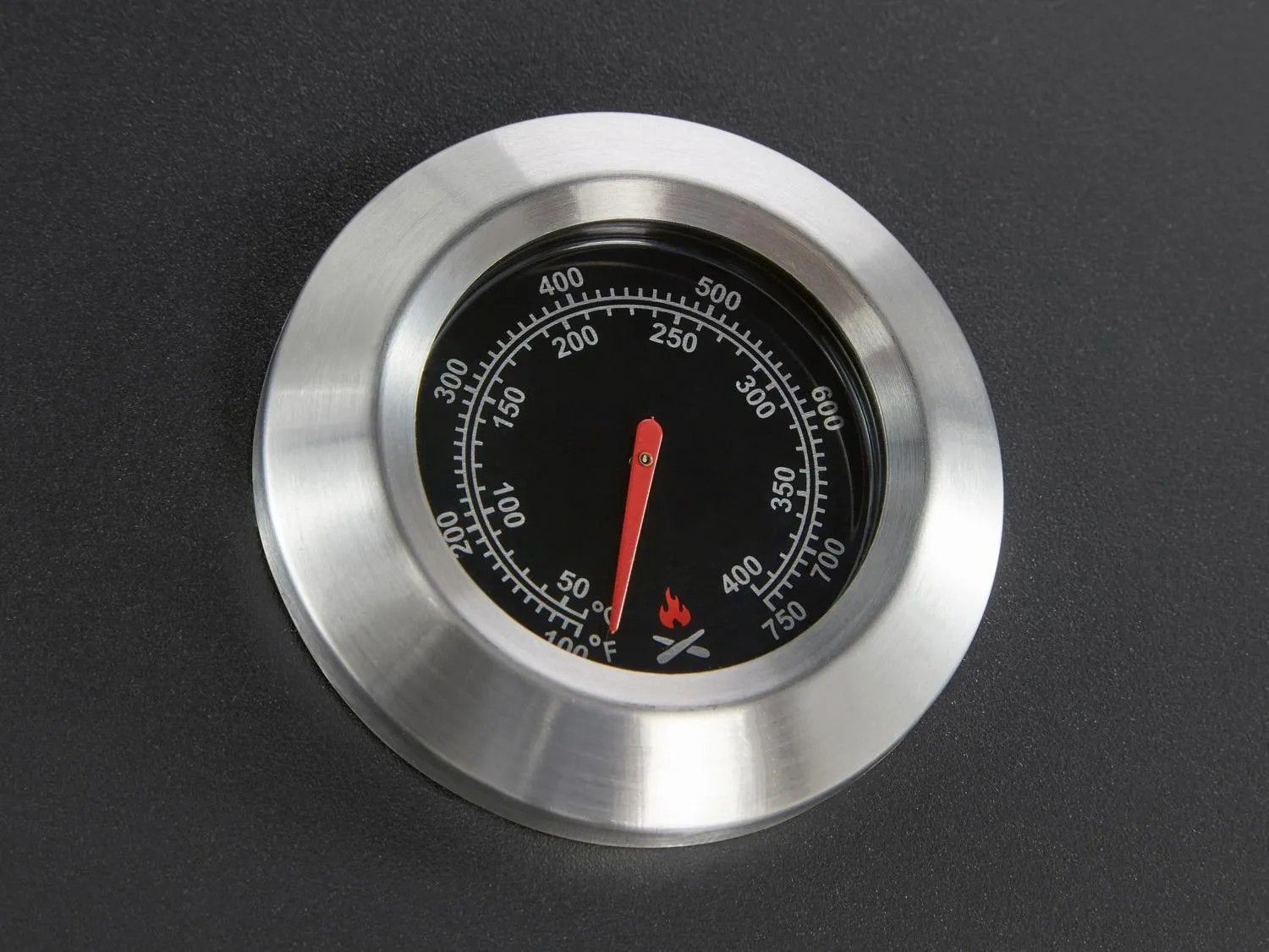 Közelkép egy kombinált grill hőmérőjéről. Hőmérséklet kijelzés Fahrenheitben. Közelkép egy kombinált grill hőmérőjéről. Hőmérséklet kijelzés Fahrenheitben.