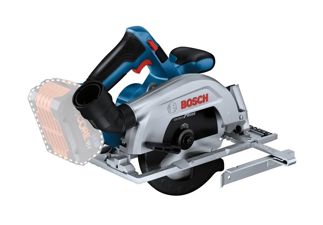 Kék Bosch kézi körfűrész, akkumulátor opcionális, precíz favágáshoz. Kék Bosch kézi körfűrész, akkumulátor opcionális, precíz favágáshoz.
