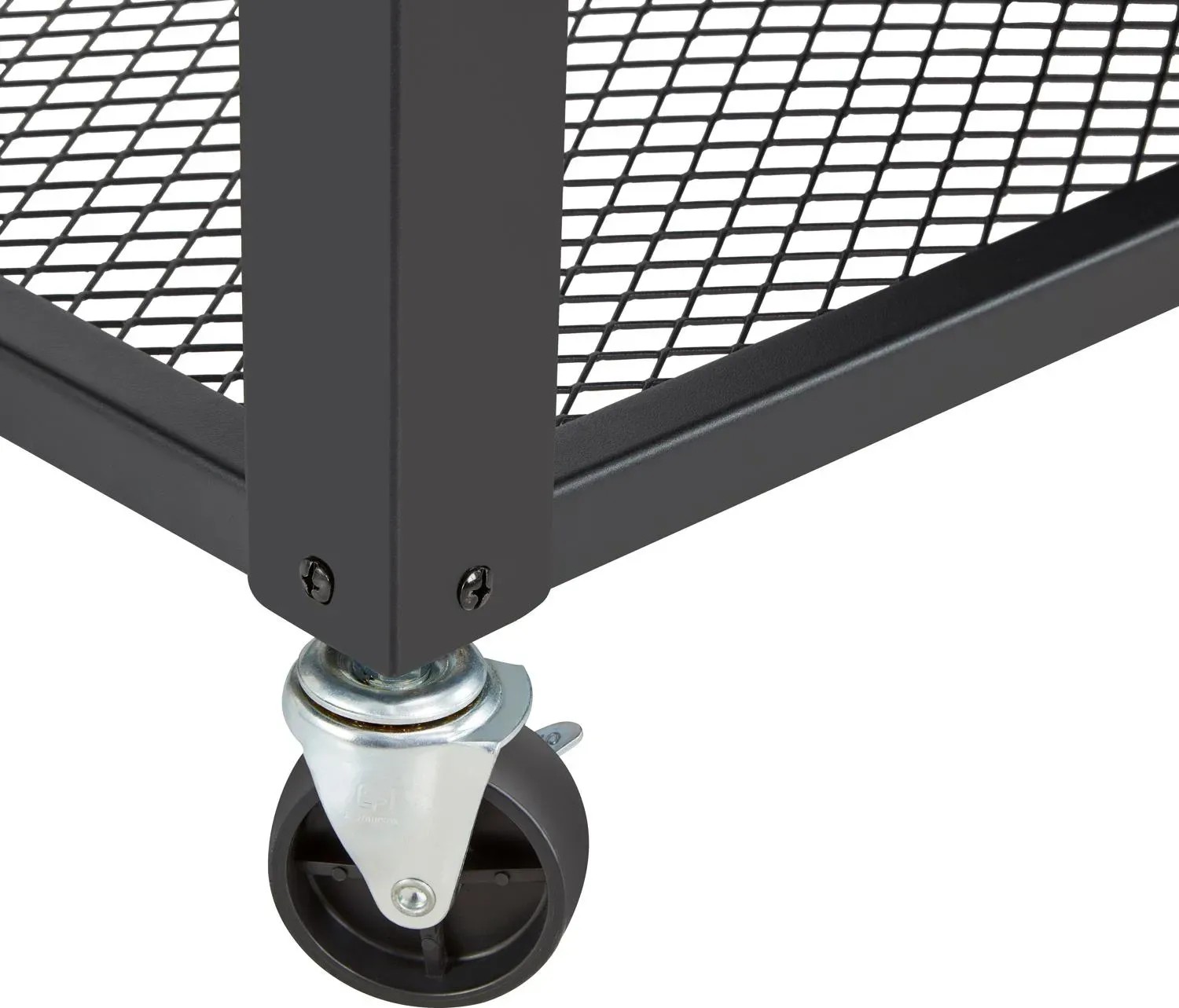 Közelkép: Fekete kombinált grill kerekekkel és tárolórács. Közelkép: Fekete kombinált grill kerekekkel és tárolórács.