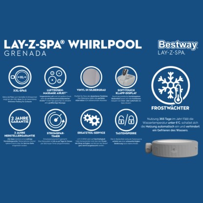 Bestway Lay-Z-Spa Grenada AirJet felfújható pezsgőfürdő, világosszürke, akár 8 fő részére. Bestway Lay-Z-Spa Grenada AirJet felfújható pezsgőfürdő, világosszürke, akár 8 fő részére.