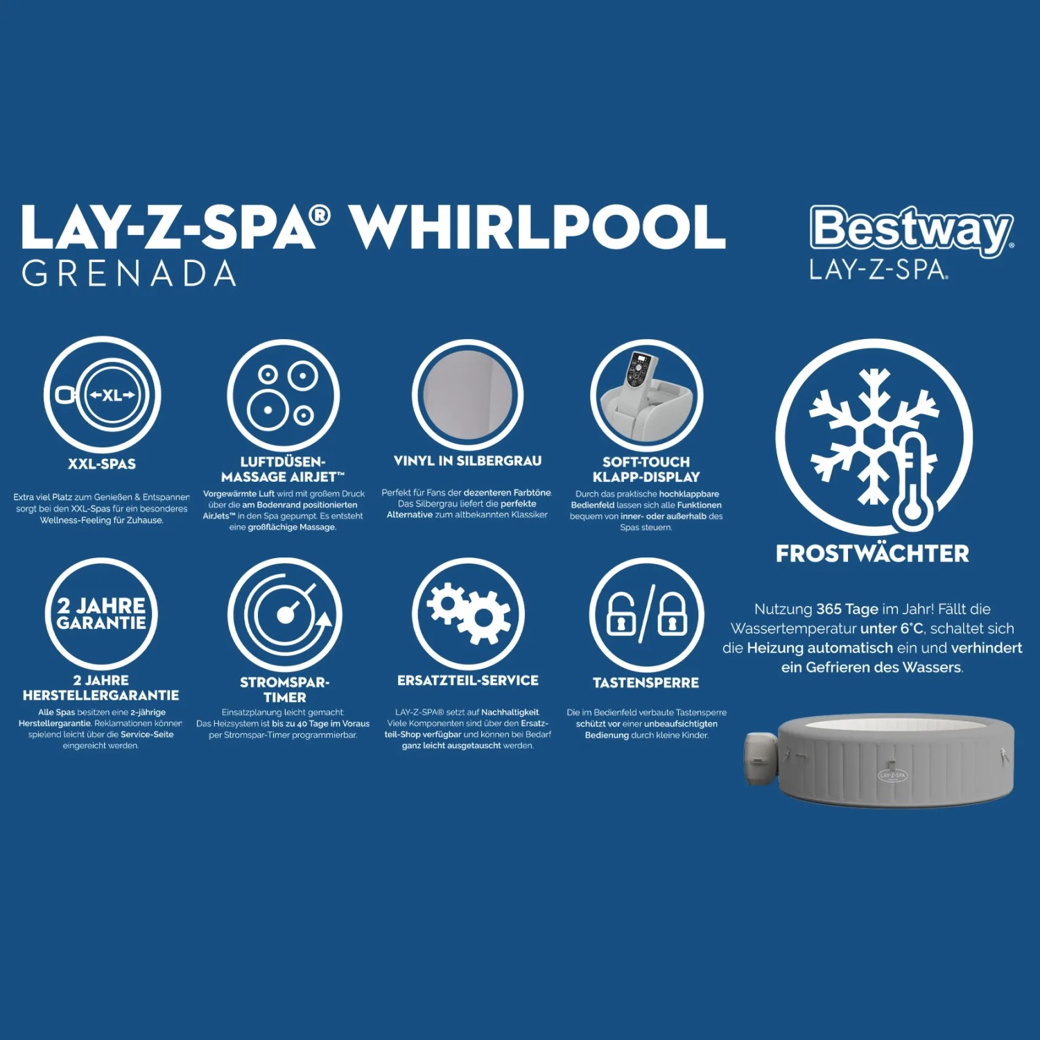 Bestway Lay-Z-Spa Grenada AirJet felfújható pezsgőfürdő, világosszürke, akár 8 fő részére. Bestway Lay-Z-Spa Grenada AirJet felfújható pezsgőfürdő, világosszürke, akár 8 fő részére.