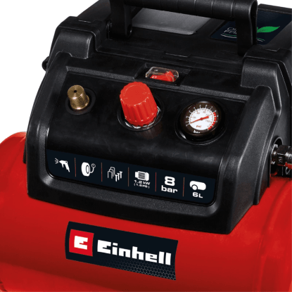 Einhell TC-AC 190/6/8 Olajmentes Kompresszor: Kompakt légkompresszor manométerrel és piros beállító gombbal. Einhell TC-AC 190/6/8 Olajmentes Kompresszor: Kompakt légkompresszor manométerrel és piros beállító gombbal.