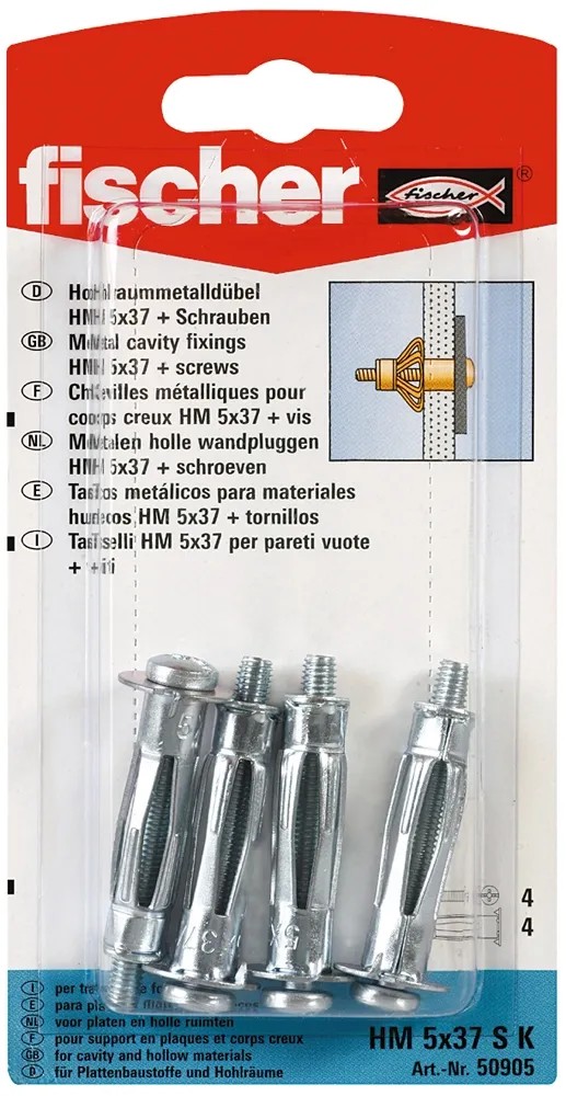 Fischer HM 5x37 SK fém üreges falidugó csavarokkal (4 db) gipszkartonhoz és üreges falakhoz. Fischer HM 5x37 SK fém üreges falidugó csavarokkal (4 db) gipszkartonhoz és üreges falakhoz.