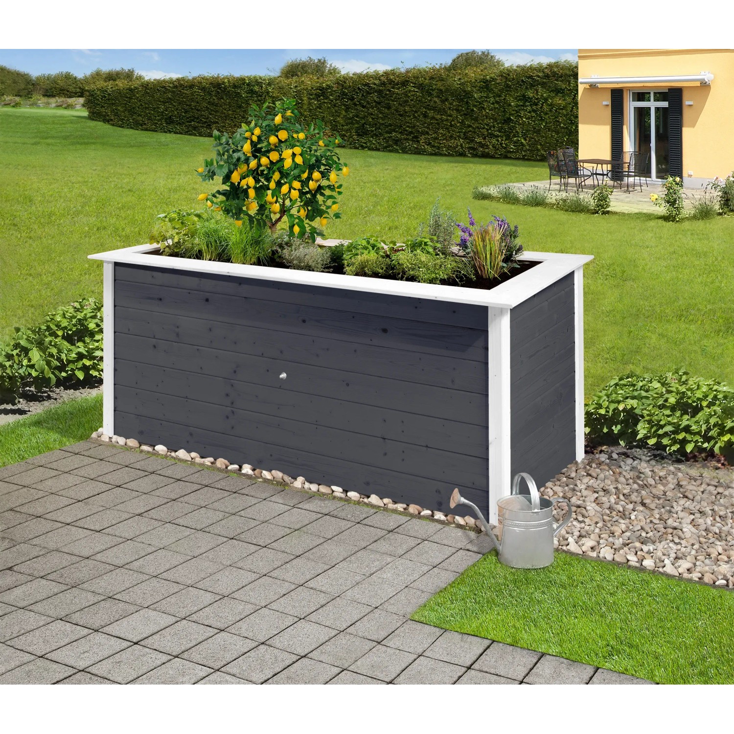 Weka Herba magaságyás, 205x80x81 cm, antracit/fehér, növényekkel a kertben. Weka Herba magaságyás, 205x80x81 cm, antracit/fehér, növényekkel a kertben.