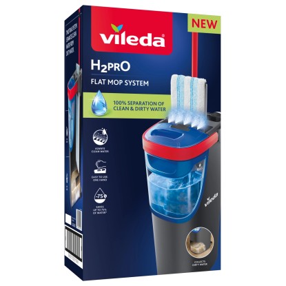 Vileda H2PrO lapos felmosó szett vödörrel és mikroszálas kendővel a padlótisztításhoz. Vileda H2PrO lapos felmosó szett vödörrel és mikroszálas kendővel a padlótisztításhoz.