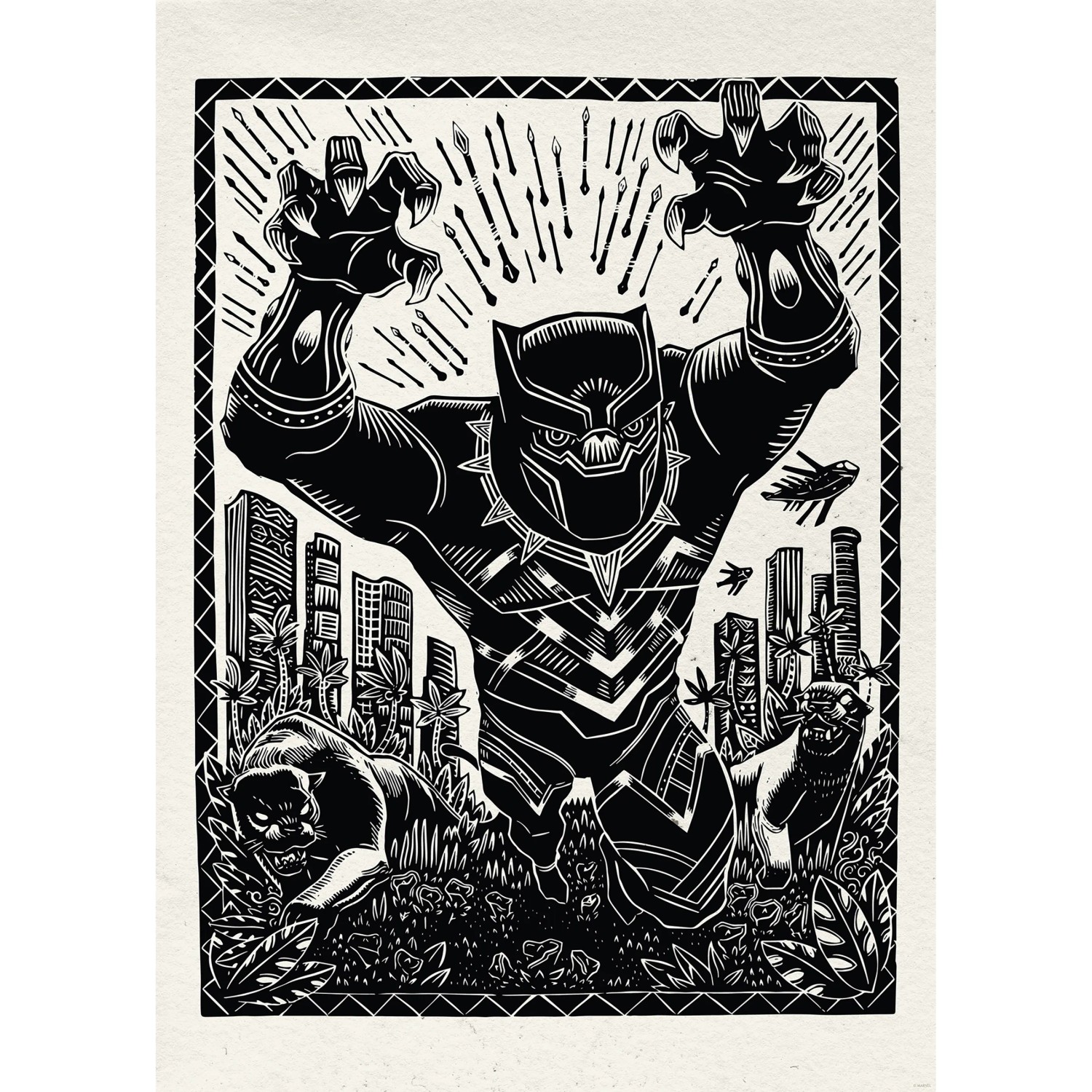 Komar Marvel Black Panther Lino-Cut Charge falikép 50 cm x 70 cm fekete-fehér Komar Marvel Black Panther Lino-Cut Charge falikép 50 cm x 70 cm fekete-fehér