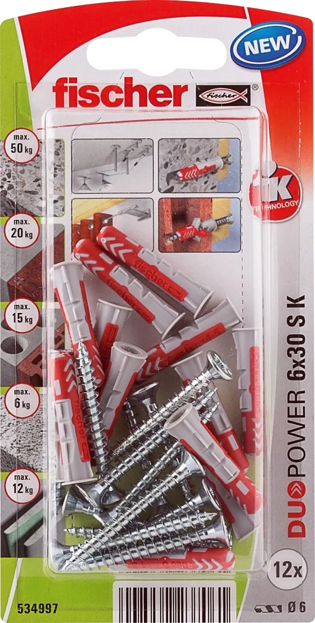 Fischer Duopower 6x30 S K NV dübel, készlet dübelekkel és csavarokkal műanyag csomagolásban. Fischer Duopower 6x30 S K NV dübel, készlet dübelekkel és csavarokkal műanyag csomagolásban.
