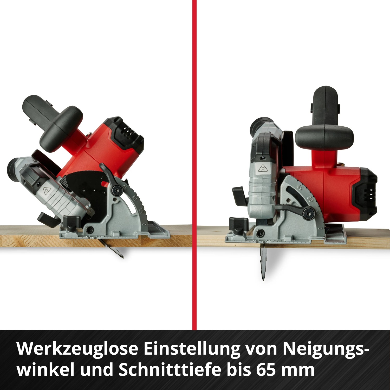 Einhell Power X-Change TP-CS 18/190 Li BL Solo akkus kézi körfűrész két különböző dőlésszögben. Einhell Power X-Change TP-CS 18/190 Li BL Solo akkus kézi körfűrész két különböző dőlésszögben.