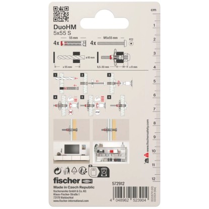 Fischer DuoHM 5x55 S tipli, szerelési útmutató a csomagoláson. Fischer DuoHM 5x55 S tipli, szerelési útmutató a csomagoláson.