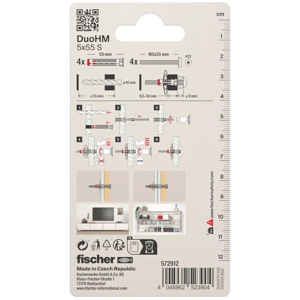 Fischer DuoHM 5x55 S tipli, szerelési útmutató a csomagoláson. Fischer DuoHM 5x55 S tipli, szerelési útmutató a csomagoláson.